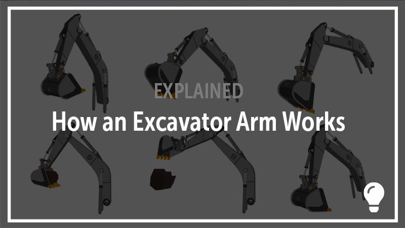 Yellow hydraulic excavator arm of an excavator on a construction